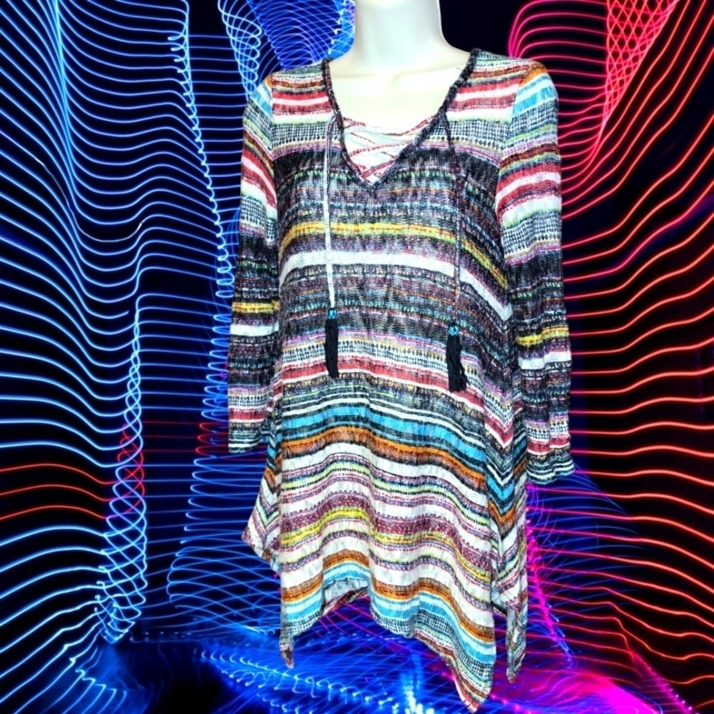 Tassel Lace Up Boho Striped Knit Sweater Top Asymetrical T56